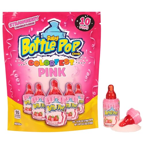 Baby Bottle Pop Colorfest Individually Wrapped Pink Strawberry Party Pack – 10 Strawberry Lollipops w/ Powdered Sugar Dip - Bulk Candy For Party Favors, Birthdays, & Gender Reveal Parties