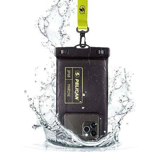 Pelican Marine - IP68 Waterproof Phone Pouch / Case (Regular Size) - Floating Waterproof Phone Case For iPhone 15 Pro Max/ 14 Pro Max/13 Pro Max/12/S24 Ultra - Detachable Lanyard - Black/Hi-Vis Yellow