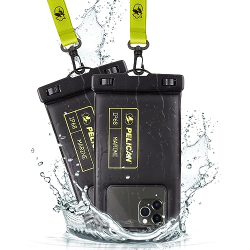 Pelican 2 Pack Marine - IP68 Waterproof Phone Pouch (Regular Size)-Floating Waterproof Phone Case For iPhone 15 Pro Max/ 14 Pro Max/ 13 Pro Max/ 12/ S24 - Detachable Lanyard - Black / Hi-Vis Yellow
