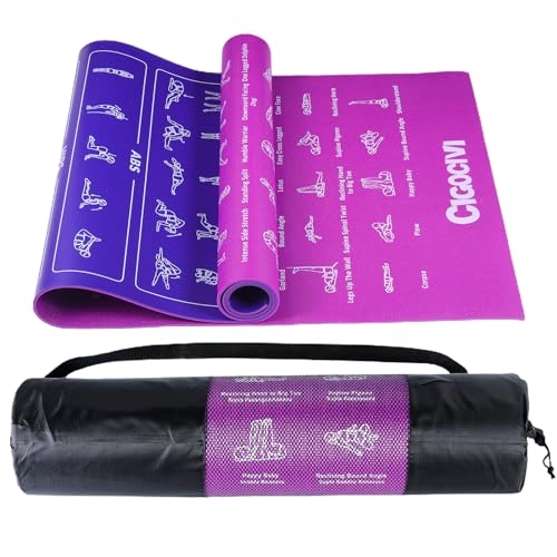 Upgrade New Instructional Yoga Mat with 75 Poses Printed on It, 6mm Travel Yoga Mat with Bag Christmas Gifts for Women and Men, 1/4 Inch Extra Thick Non-Slip, Purple & Blue