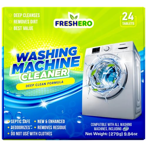 Freshero Washing Machine Cleaner Tablets 24 Pack Descaler & Deep Cleaning Solution for HE, Top load & Front Loader Washers, Septic Safe, Removes Residue, Build-ups & grimes 1-Year Supply