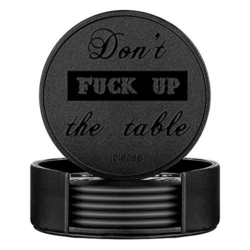 Funny Coasters, Thipoten 6 Pcs Leather Coasters with Holder, Perfect Housewarming Hostess Gifts, Protect Furniture from Water Marks Scratch and Damage(6Pcs, Black)