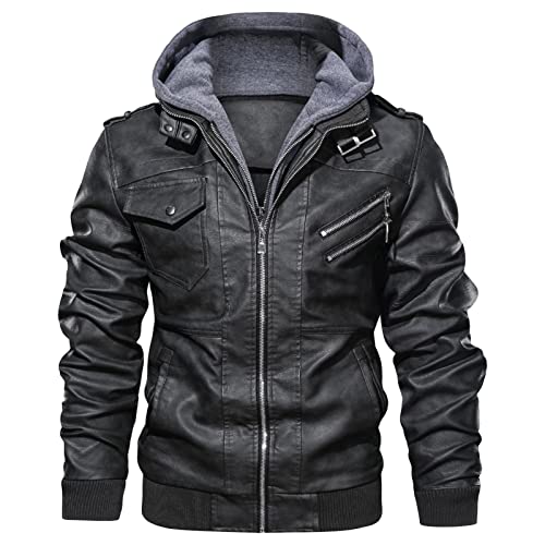Maiyifu-GJ Casual Motorcycle Jacket for Men Faux Leather Windproof Moto Coat Vintage Bomber Hoodie with Removable Hood (Black,XX-Large)