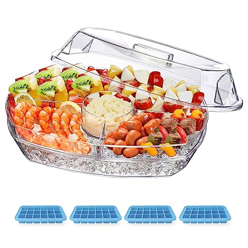 INNOVATIVE LIFE Appetizer Serving Tray on Ice, 15 Inch Party Platter with 4 Ice Cube Tray, Kitchen Chilled Food Bowl with Compartment and Lids for Shrimp, Fruits, Vegetables, Salads, Sushi, Clear