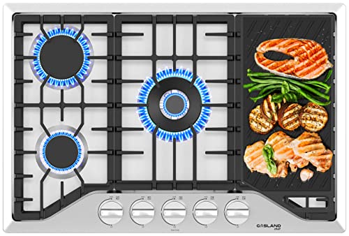 30 Inch Gas Cooktop with Griddle, GASLAND Chef PRO GH3305SF Gas Stovetop with 5 Burners, Reversible Cast Iron Grill/Griddle, 120V Plug-in, NG/LPG Convertible, CSA certified, Stainless Steel