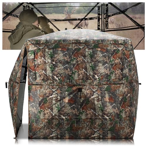 HUNTSEN Hunting Blind 360 Degree See Through Ground Blind 2-3 Person - Portable Pop Up Deer Blind with Full Open Door - Camouflage Ground Blind for Deer & Turkey Hunting