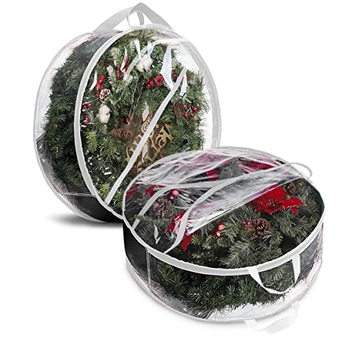 ProPik Christmas Wreath Storage Bag 24' - 2 Pack Clear Xmas Wreath Storage Container - Garland Holiday Artificial Wreath Storage Holder - Water Proof Transparent PVC - with Handles (24 Inch, White)