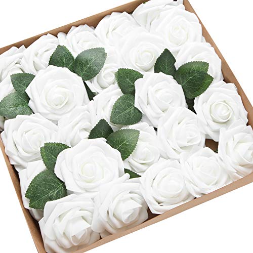 EZFLOWERY Artificial Roses Flowers 25pcs Real Looking Fake Roses w/Stem for DIY Wedding Bouquets Centerpieces Arrangements Bridal Shower Party Home Decorations (White)