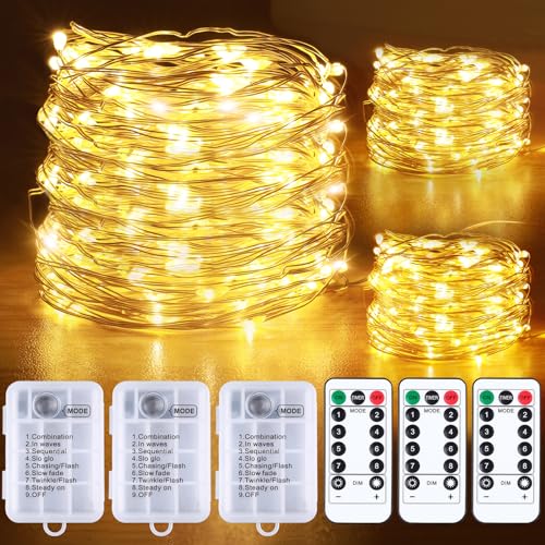 Arperles Fairy Lights Battery Operated with Remote, 3 Pack x 33ft 100LED Waterproof Outdoor String Lights Battery Powered Copper Wire Fairy Lights for Bedroom Patio Tree or Christmas Decorations