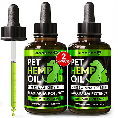 Pet Hemp Oil Drops Treats for Dogs and Cats - Anxiety, Stress, Pain - Calming Aid - Hip and Joint Support Relief -and Skin Health - Rich in Omega 3-6-9 - Made in USA, (2 Pack)