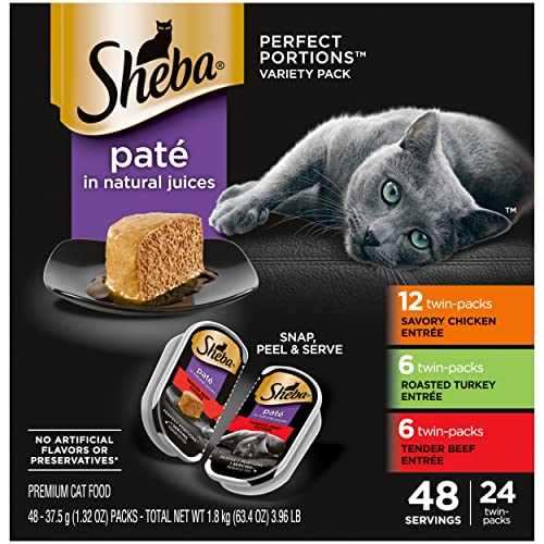 SHEBA Perfect Portions Paté Wet Cat Food Trays (24 Count, 48 Servings), Savory Chicken, Roasted Turkey, and Tender Beef Entrée, Easy Peel Twin-Pack Trays
