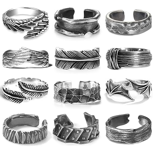 RIOSO 12Pcs Vintage Rings for Men Cool Adjustable Angel Wings Ring Goth Punk Open Ring Set