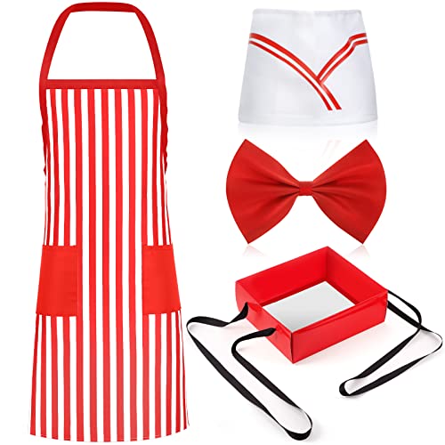 Didaey 4 Pieces 1950s Adult Waiter Costume Kit Apron Tray with Strap Soda Jerk Chef Hat Bow Knot for 1950s Diner Dress Party (Red and White Striped)