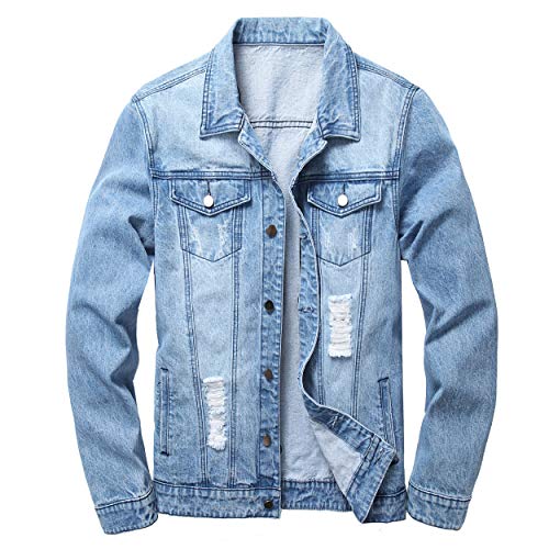 QIMYUM Jean Jacket For Men, Distressed Slim Denim Jacket (Large, Blue)