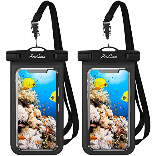 ProCase 2 Pack Waterproof Phone Pouch Case, 7' Universal Underwater Cellphone Dry Bag Holder for iPhone 15 14 13 Pro Max 12 11, Galaxy S24 S23 S22 Ultra Pixel Beach Cruise Essential -Black