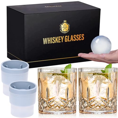 Qipecedm Old Fashioned Whiskey Glasses, Set of 4 (2 Crystal Bourbon Glasses, 2 Round Big Ice Ball Molds) In Gift Box - 11 Oz Rocks Glass, Barware for Scotch Cocktail Rum Vodka Liquor, Gifts for Men