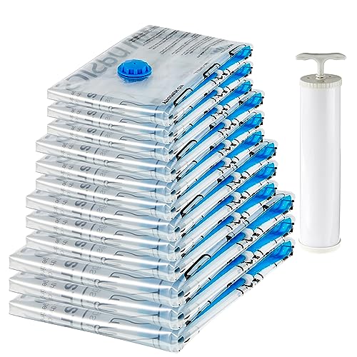 Amazon Basics Vacuum Compression Zipper Storage Bags with Hand Pump, Multiple Pack of 12 (3 Jumbo, 3 Large, 3 Medium, 3 Small), Clear