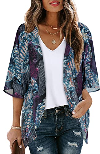 Summer Kimono Cardigan for Women Sheer Light Tops Casual Open Front Swimwear Shirts Beach Cover ups (Boho Purple,XL)