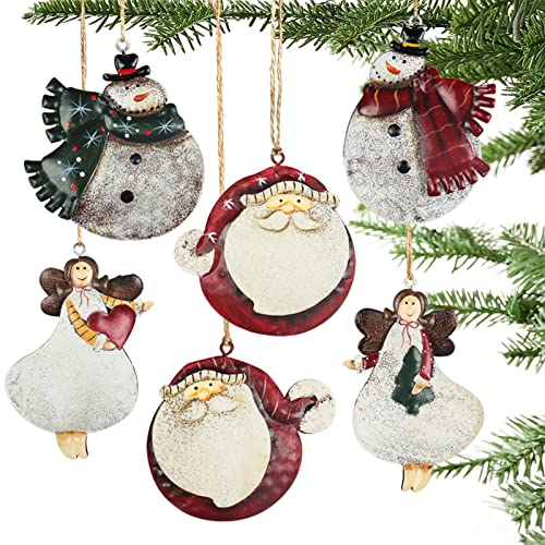 Partybus Metal Christmas Tree Ornaments 6 Pack, Small Handmade Vintage Angel Santa Snowman Set for Outdoor Holiday Home Decorations, Shatterproof Farmhouse Country Rustic Gift Name Tags