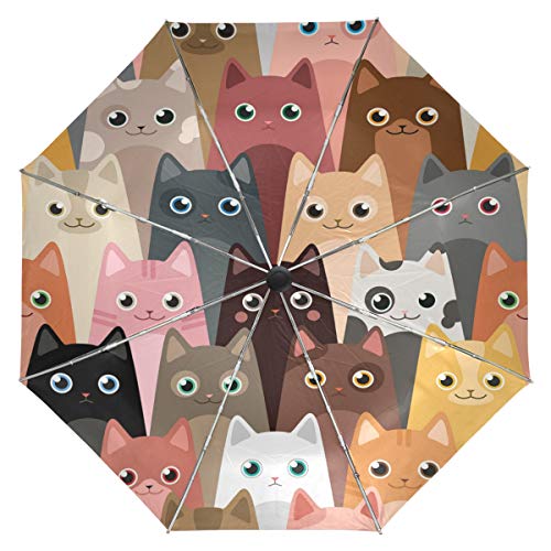 Wamika Cute Kitty Cats Umbrella Automatic Open Close Windproof Compact Anti-UV Travel Umbrella Animals Lightweight Parasol Umbrellas Sun & Rain