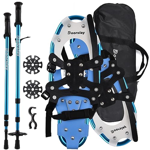 Doorslay 5-in-1 Snowshoes for Men Women Youth Kids, 21/25 Inches Lightweight Aluminum Alloy All Terrain Snowshoes for Hiking, with Trekking Poles, Snow Baskets, Storage Clip and Carrying Tote Bag