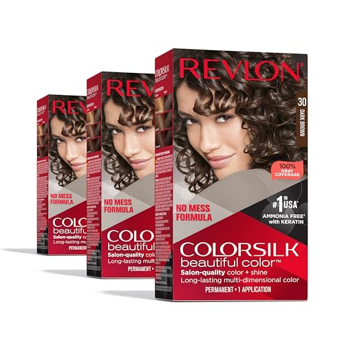 Revlon ColorSilk Beautiful Color Permanent Hair Color, Long-Lasting High-Definition Color, Shine & Silky Softness with 100% Gray Coverage, Ammonia Free, 30 Dark Brown, 3 Pack