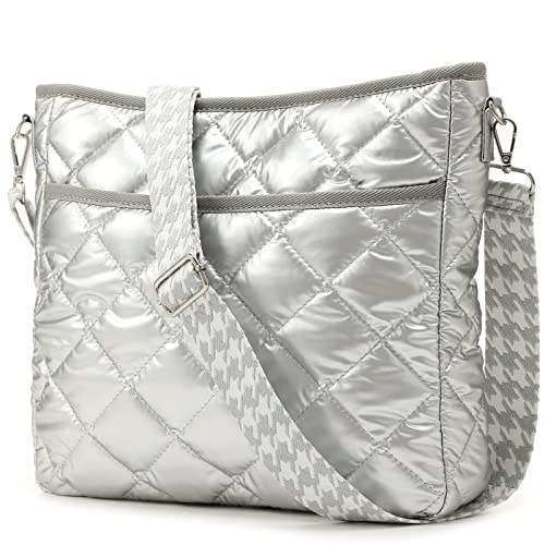 Quilted Crossbody Bags for Women, Unique Pattern Strap Quilted Bag, Crossbody Purses for Women, Quilted Puffer Bag for Women (Silver)