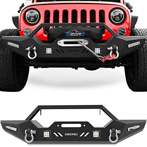 OEDRO Front Bumper, Compatible for 2007-2018 Jeep Wrangler JK & Unlimited, Rock Crawler Bumper with Winch Plate Mounting & 4 x LED Lights & 2 x D-Rings Off Road