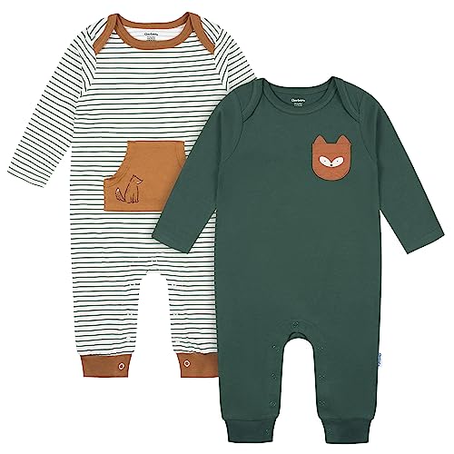 Gerber Baby Boys' 2-Pack Long Sleeve Jumpsuit, Green Fox, 6-9 Months