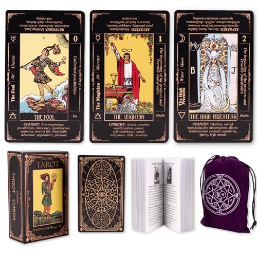 KLEDERY Tarot Cards for Beginners, Classic Tarot Cards with Meanings on Them, Durable Tarot Cards with Guide Book for Beginners (Black)