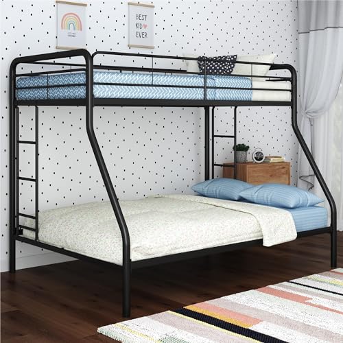DHP Dusty Metal Bunk Bed Frame for Kids, Teens, and Adults, With Angled Ladder, High Full Length Guardrail, Smooth Rounded Edges, No Boxspring Required, For Small Spaces, Twin-Over-Full, Black