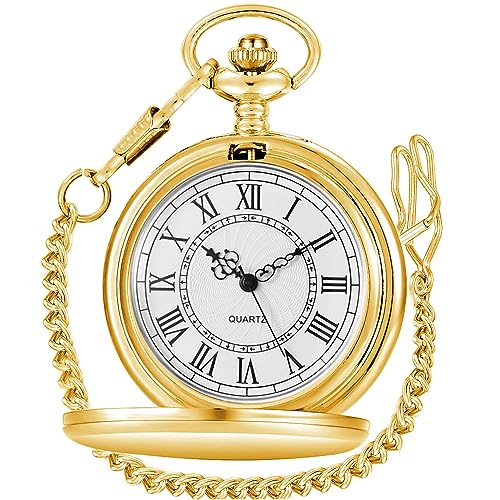 Alwesam Gold Smooth Quartz Pocket Watches Round Roman Numbers with 37cm Chain Best Gifts for Men Women