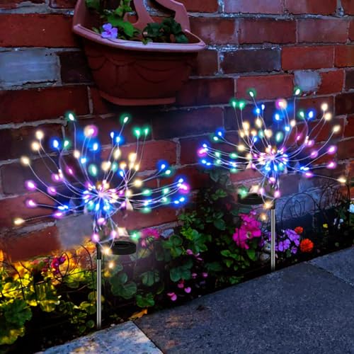 Anordsem Solar Firework Lights 2Pcs Garden Lights Outdoor Waterproof, 120 LED with 2 Modes Twinkling&Steady-On, Starburst Sparkler Lights for Yard, Path, Patio, Flowerbed Decorative (Colorful)