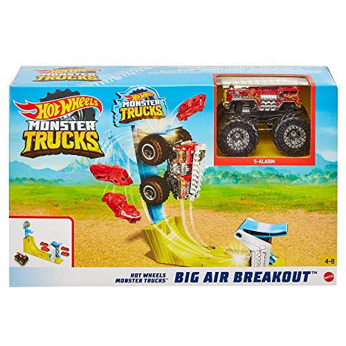 Hot Wheels Monster Trucks Big Air Breakout Play Set with 5 Alarm 1:64 Scale Die-Cast Metal Body Monster Truck 4 Plastic Crushed Cars 1 Slam Launcher and Ramp for Vertical Crashing Complete Gift
