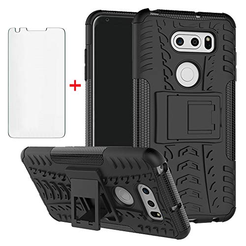 Phone Case for LG V35 ThinQ V30 Plus with Tempered Glass Screen Protector Cover and Stand Kickstand Hard Rugged Hybrid Cell Accessories LGV30 LGV35 LG30 LG35 V 30 35 V30+ V30s H931 Cases Men Black