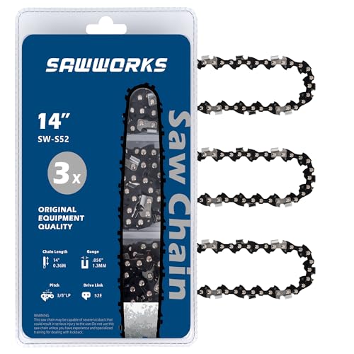 SawWorks 3-Pack 14 Inch Chainsaw Chain SW-S52, 3/8' LP Pitch - .050' Gauge - 52 Drive Links, Compatible with Craftsman, Poulan, Ryobi, Homelite, Echo and More