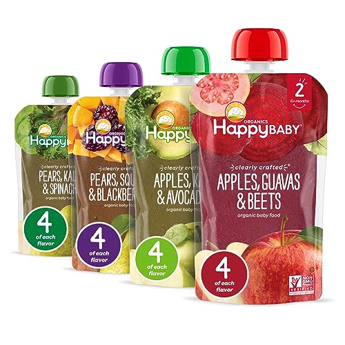Happy Baby Organics Stage 2 Baby Food Pouches, Gluten Free, Vegan & Healthy Snack, Clearly Crafted Fruit & Veggie Puree, Fruit & Veggie Variety Pack, 4 Ounces (Pack of 16)