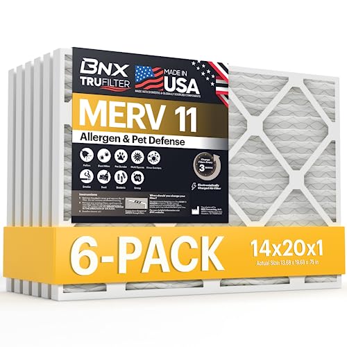 BNX TruFilter 14x20x1 Air Filter MERV 11 (6-Pack) - MADE IN USA - Allergen Defense Electrostatic Pleated Air Conditioner HVAC AC Furnace Filters for Allergies, Dust, Pet, Smoke, Allergy MPR 1200 FPR 7