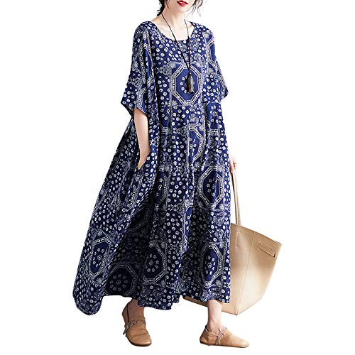 Versear Women Loose Cotton Rayon Dress Print Boho Swing House Dress with Pockets