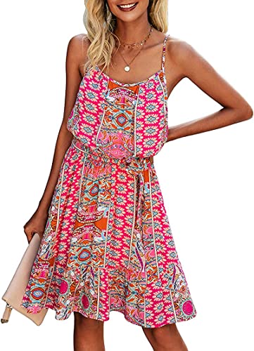 PRETTYGARDEN Women's Summer Spaghetti Strap Dresses Floral Print Crewneck Sleeveless Ruffle Mini Short Dress with Belt (Pink, Medium)