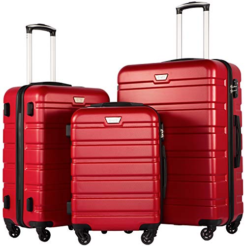 Coolife Luggage 3 Piece Set Suitcase Spinner Hardshell Lightweight TSA Lock (red, 3 piece set(20in24in28in))