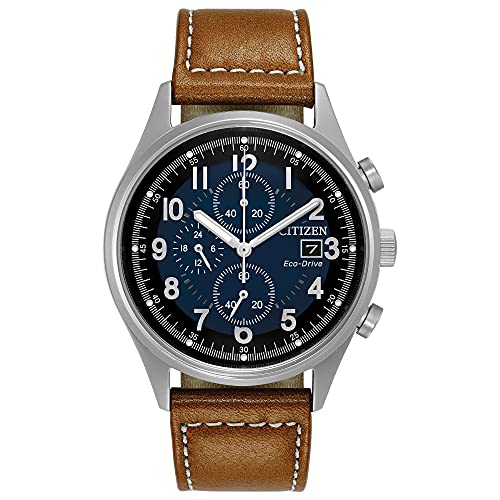 Citizen Men's Eco-Drive Weekender Garrison Chronograph Field Watch in Stainless Steel with Brown Leather strap, Blue Dial (Model: CA0621-05L)