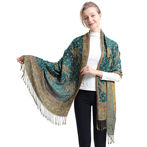 Ciormis Paisley Pattern Pashmina Scarf Fringed Pashmina and Shawl for Evening Dresses（Style 1-Dark Seagreen）