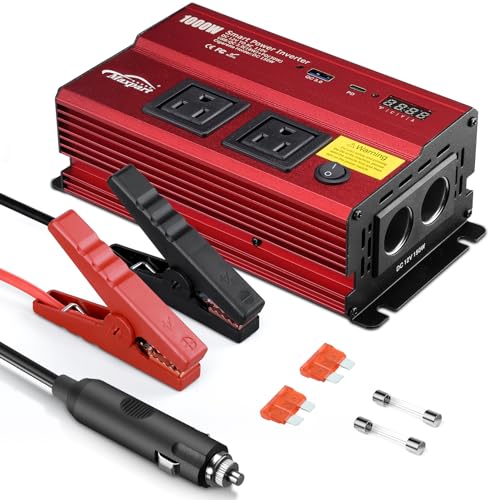Inverter 1000W Car Power Inverters,12v DC to 110v AC Converter with Dual AC Outlets 3.0A USB and Type-C,12 Volt Inverter Car Cigarette Lighter Battery Inverter for Vehicles, Power Inversor 1000Watts
