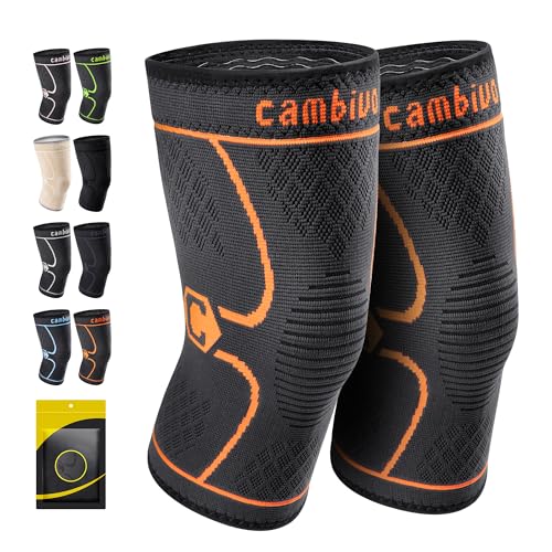 CAMBIVO 2 Pack Knee Brace, Knee Compression Sleeve for Men and Women, Knee Support for Running, Workout, Gym, Hiking, Sports (Orange,Medium)