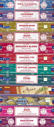 Set of 12 Nag Champa, Lavender, Arabian Musk, Egytian Jasmine, Musk, Dragon's Fire, Dragon's Blood, Prana, Ajaro, Money, Rose, Meditation by Satya Incense Bangalore (BNG)