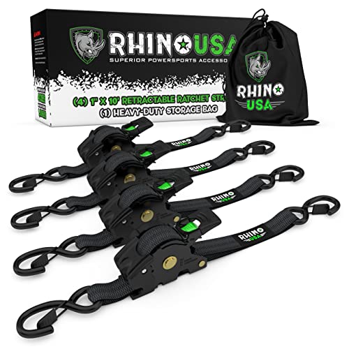Rhino USA Retractable Ratchet Tie Down Straps (4PK) - 1,209lb Guaranteed Max Break Strength, Includes (4) Ultimate 1' x 10' Autoretract Downs with Padded Handles. Use for Boat, Securing Cargo