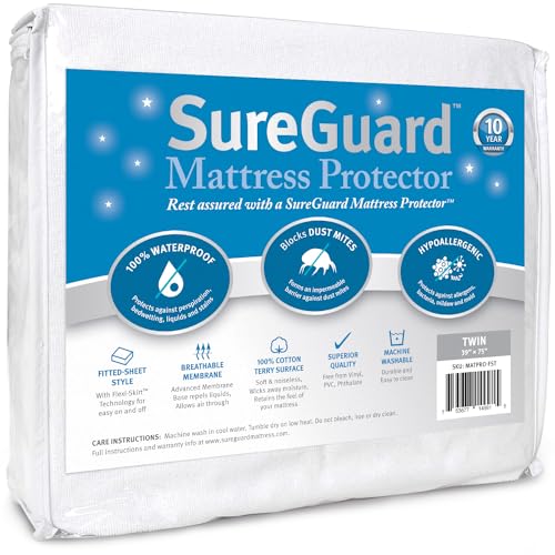 SureGuard Twin Size Mattress Protector - 100% Waterproof, Hypoallergenic - Premium Fitted Cotton Terry Cover White