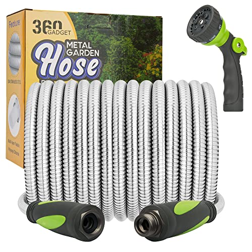 360 GADGET Garden Hose - Water Hose 50 FT with Swivel Handle & 8 Function Nozzle, Flexible, Heavy Duty, No Kink, Lightweight Metal Hose for Outdoor, Yard, 304 Stainless Steel