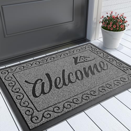 Yimobra Welcome Mat, Heavy Duty Sturdy Door Mats for Home Entrance Outdoor Indoor, Front Doormat for Outside Patio Floor Entry Porch Garage Office, Waterproof, Low Profile, 29.5 x 17, Black Grey